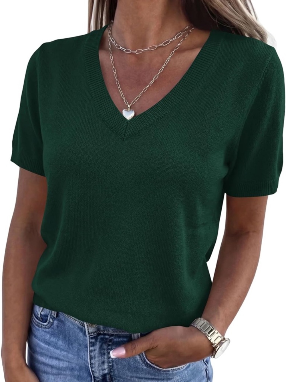 Women’s Short Sleeve Lightweight Sweater V Neck Pullover Top